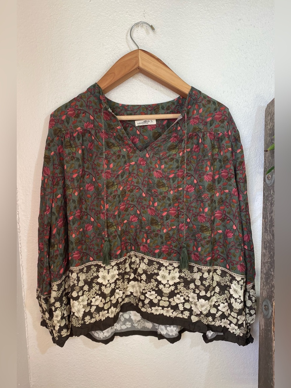 NATURAL LIFE Dara Boho Floral Peasant Blouse in Green Size Large - Picture 6 of 9